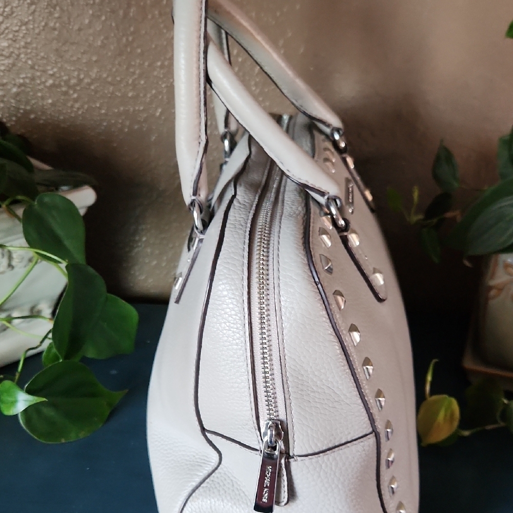 Michael Kors Sandrine Light Gray Studded Pebble Leather Satchel - Picture 5 of 14